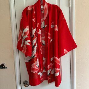 Short Red Crane-print Kimono with self belt.  Size: S